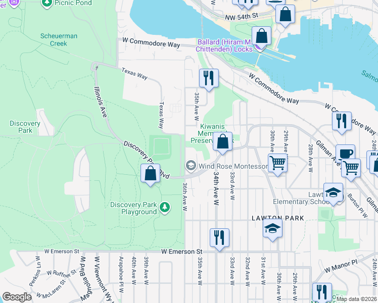 map of restaurants, bars, coffee shops, grocery stores, and more near 4333 35th Avenue West in Seattle