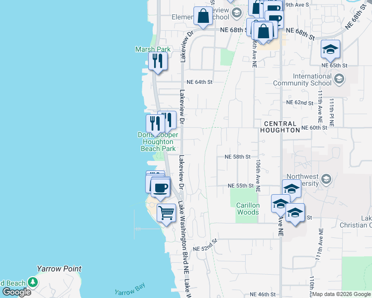 map of restaurants, bars, coffee shops, grocery stores, and more near 5808 Lakeview Drive in Kirkland