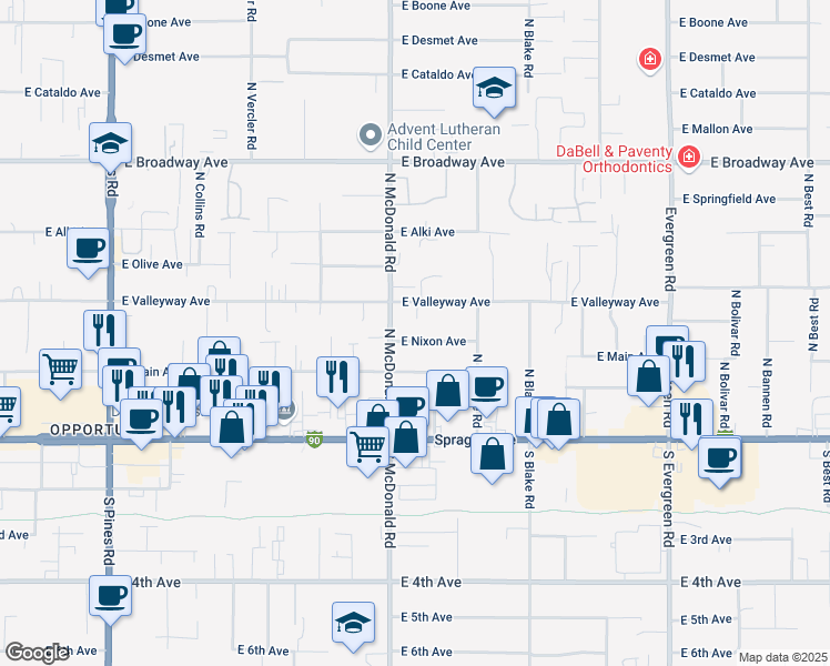 map of restaurants, bars, coffee shops, grocery stores, and more near 13118 East Nixon Avenue in Spokane Valley