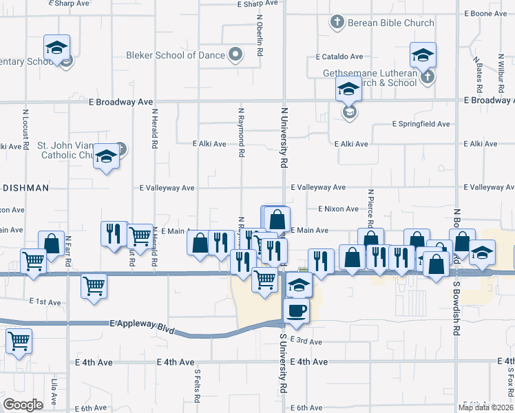 map of restaurants, bars, coffee shops, grocery stores, and more near 213 North University Road in Spokane Valley
