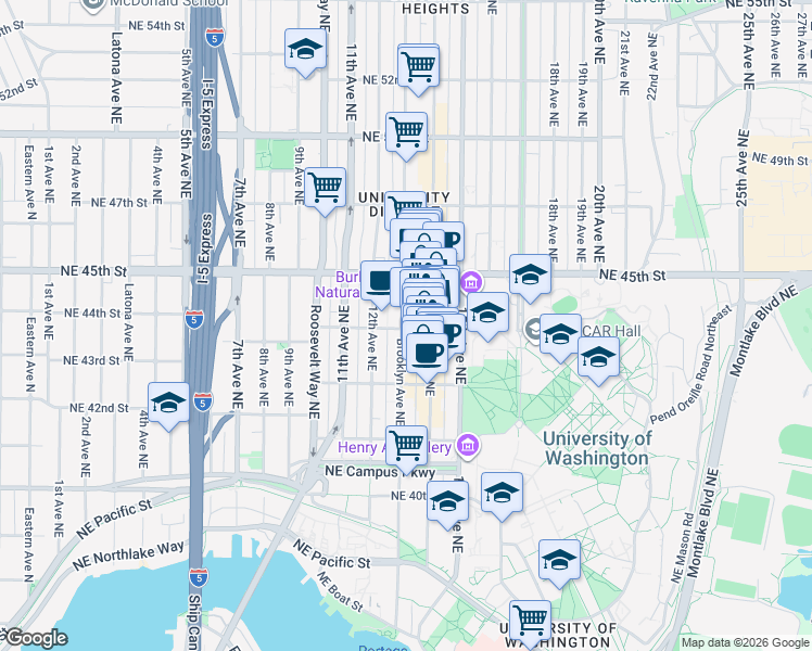 map of restaurants, bars, coffee shops, grocery stores, and more near in Seattle