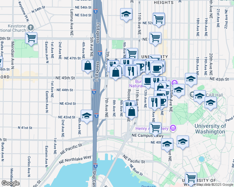 map of restaurants, bars, coffee shops, grocery stores, and more near 817 Northeast 43rd Street in Seattle