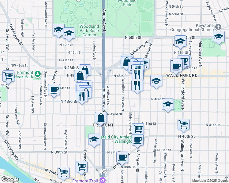 map of restaurants, bars, coffee shops, grocery stores, and more near 959 North 43rd Street in Seattle