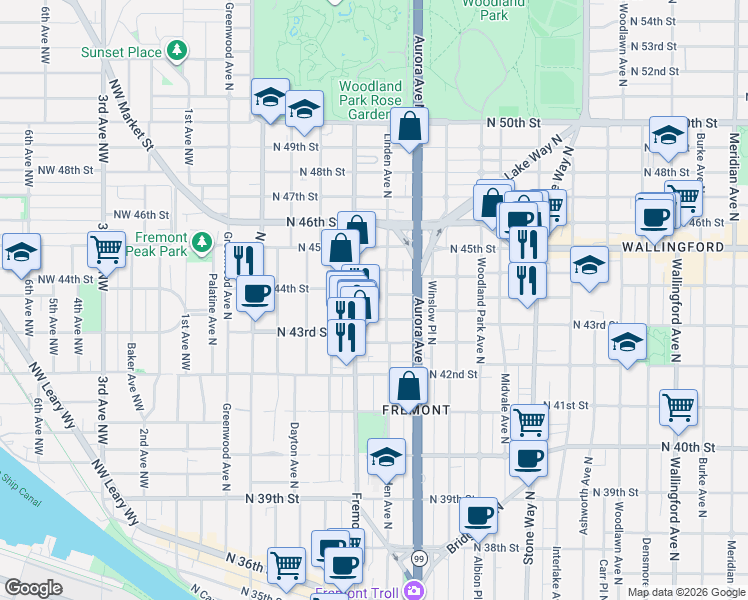 map of restaurants, bars, coffee shops, grocery stores, and more near in Seattle