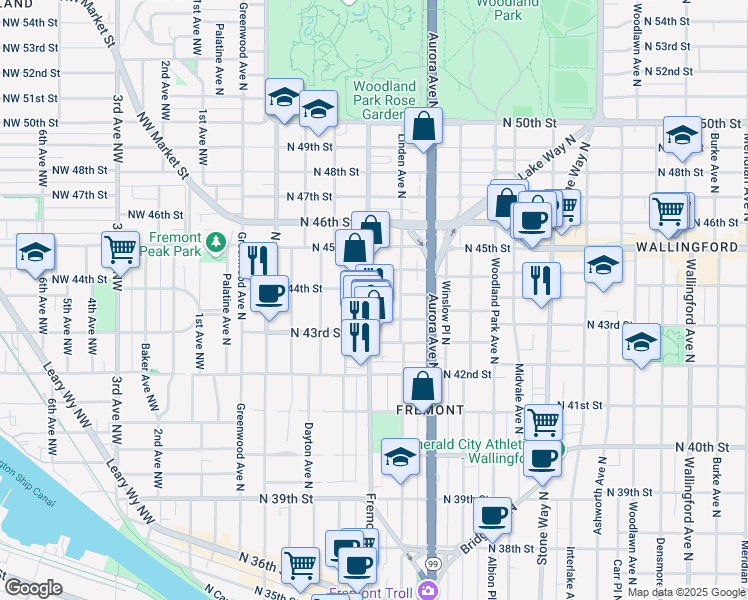 map of restaurants, bars, coffee shops, grocery stores, and more near in Seattle