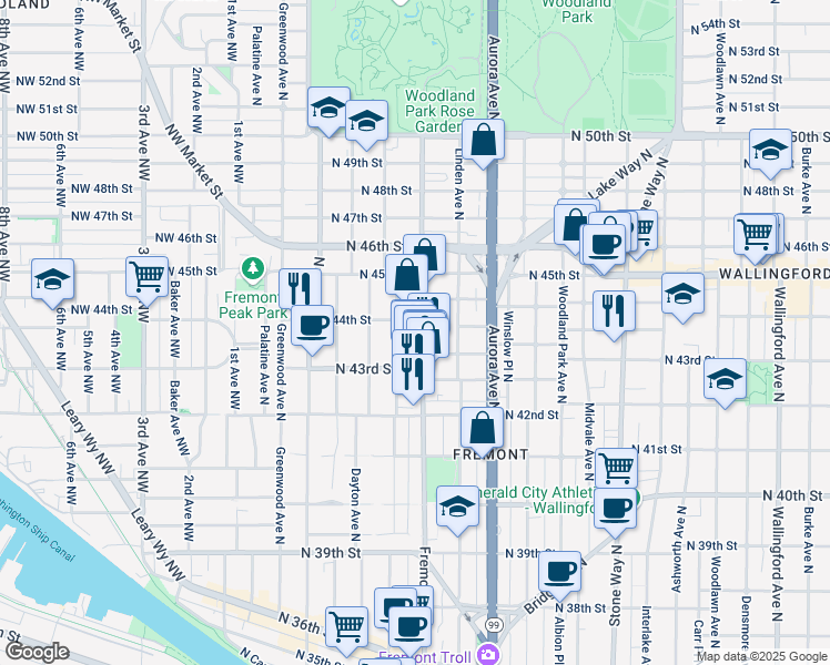 map of restaurants, bars, coffee shops, grocery stores, and more near in Seattle