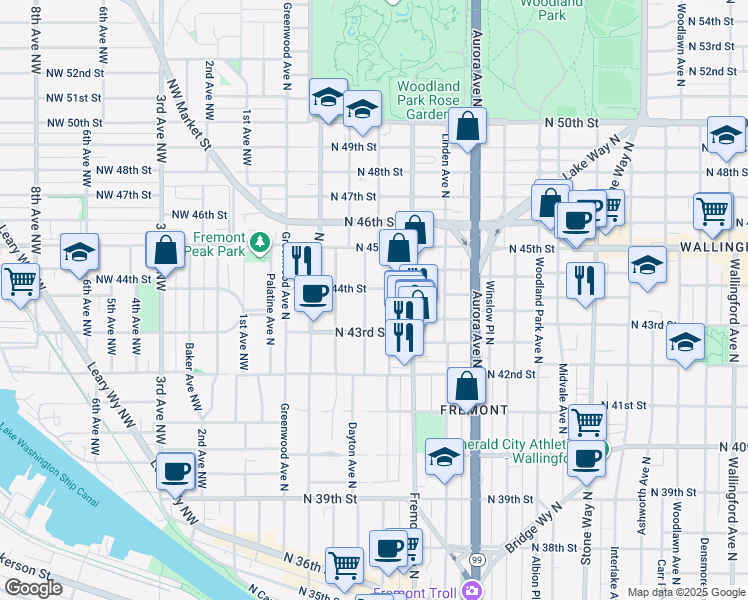 map of restaurants, bars, coffee shops, grocery stores, and more near 4318 Dayton Avenue North in Seattle