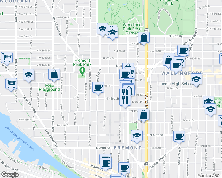 map of restaurants, bars, coffee shops, grocery stores, and more near 4318 Dayton Avenue North in Seattle