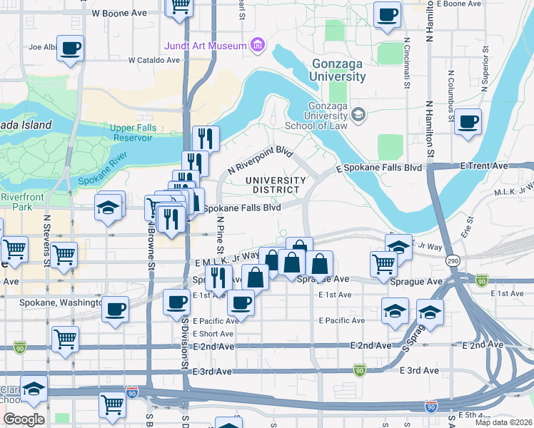map of restaurants, bars, coffee shops, grocery stores, and more near 218 East Spokane Falls Boulevard in Spokane