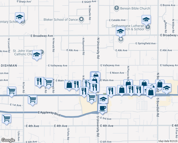 map of restaurants, bars, coffee shops, grocery stores, and more near 213 North University Road in Spokane Valley
