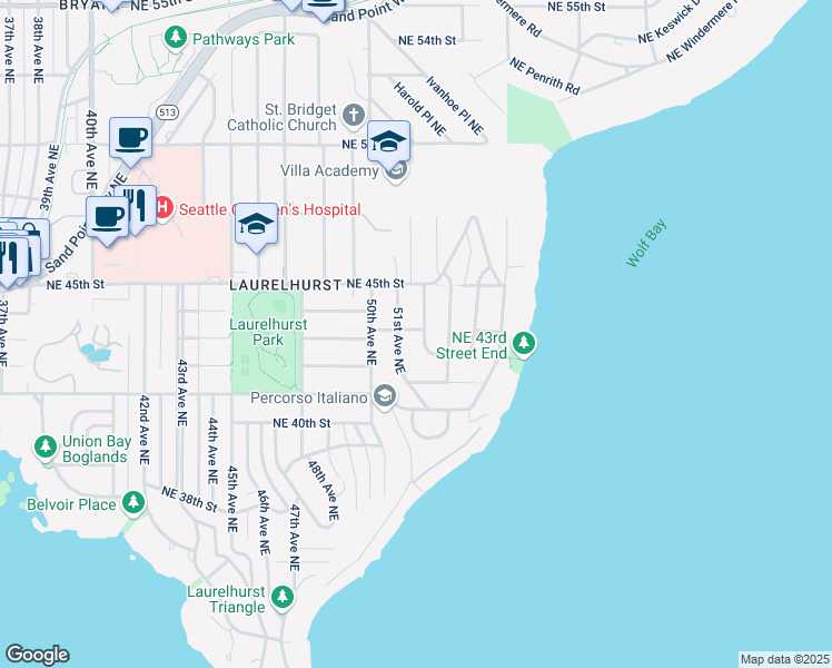 map of restaurants, bars, coffee shops, grocery stores, and more near 4315 52nd Avenue Northeast in Seattle