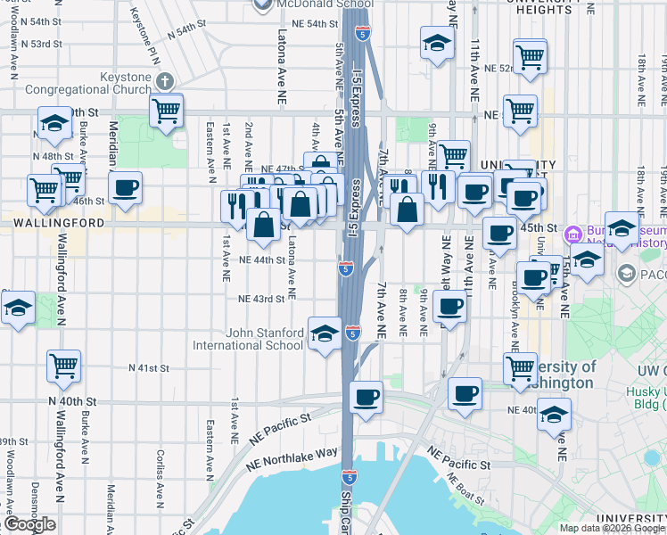 map of restaurants, bars, coffee shops, grocery stores, and more near 4335 5th Avenue Northeast in Seattle