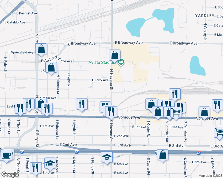 map of restaurants, bars, coffee shops, grocery stores, and more near 298 Spokane Interstate Fairgrounds in Spokane