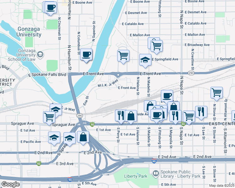 map of restaurants, bars, coffee shops, grocery stores, and more near in Spokane