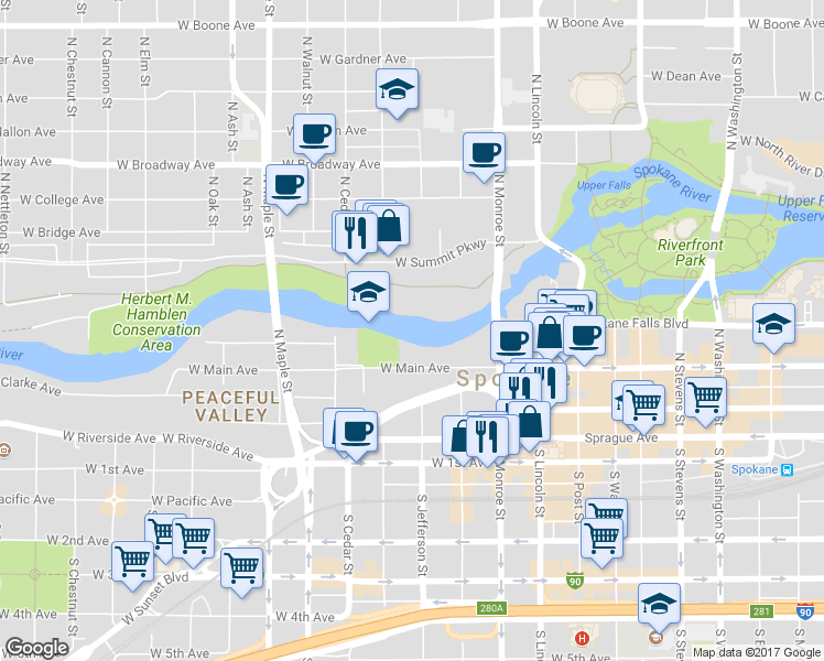 map of restaurants, bars, coffee shops, grocery stores, and more near in Spokane