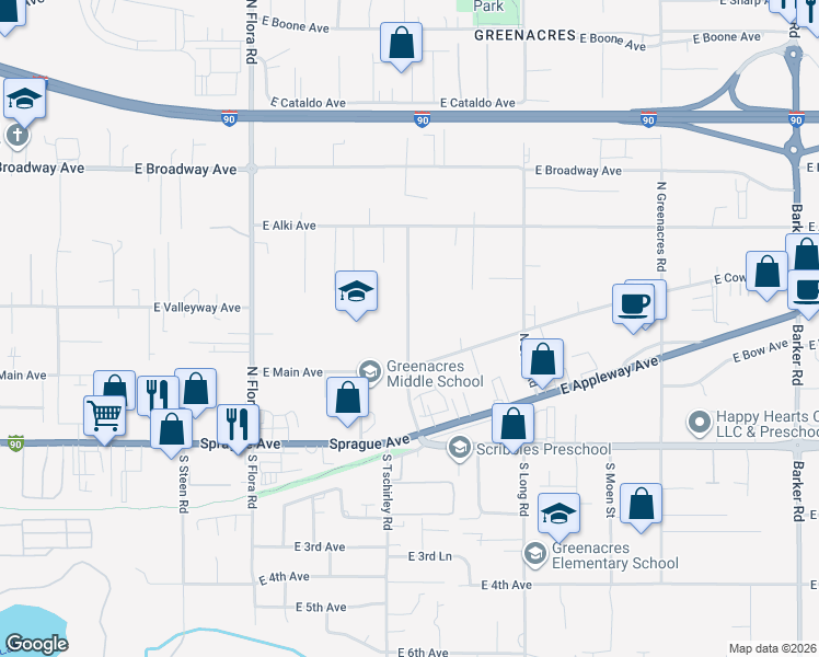 map of restaurants, bars, coffee shops, grocery stores, and more near 208 North Corbin Road in Spokane Valley