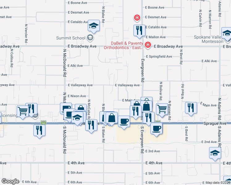 map of restaurants, bars, coffee shops, grocery stores, and more near 13607 East Main Avenue in Spokane Valley