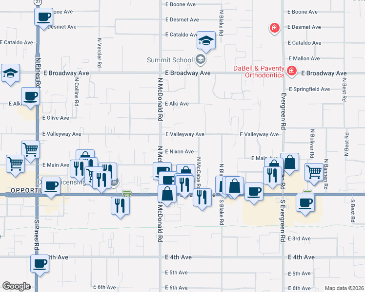 map of restaurants, bars, coffee shops, grocery stores, and more near 13222 East Nixon Avenue in Spokane Valley