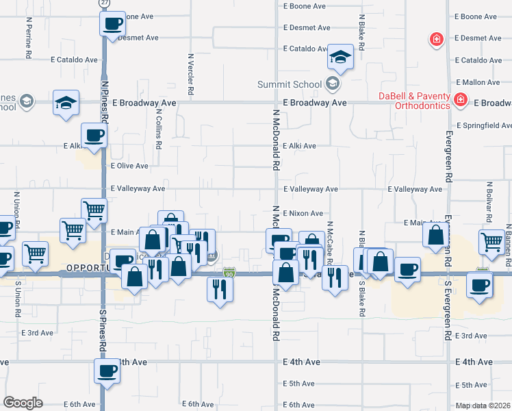 map of restaurants, bars, coffee shops, grocery stores, and more near 213 North McDonald Road in Spokane Valley