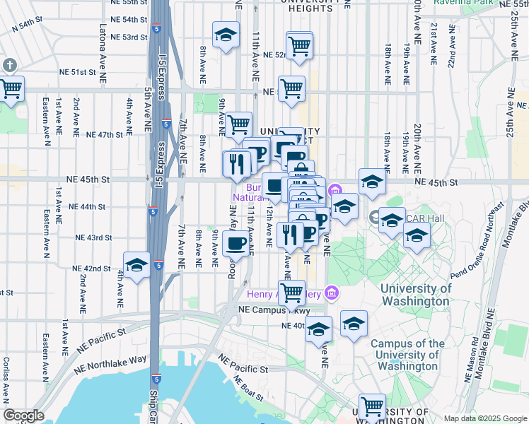 map of restaurants, bars, coffee shops, grocery stores, and more near 4235 12th Avenue Northeast in Seattle