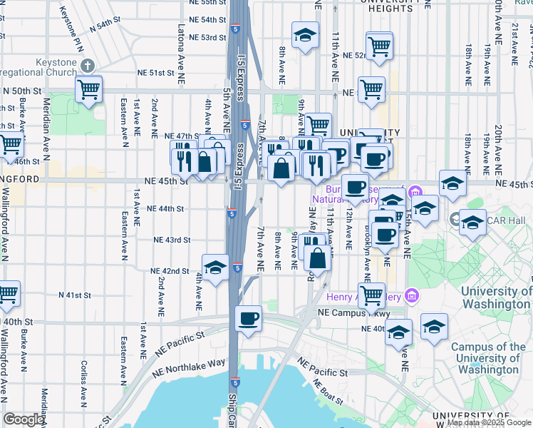 map of restaurants, bars, coffee shops, grocery stores, and more near 706 Northeast 43rd Street in Seattle