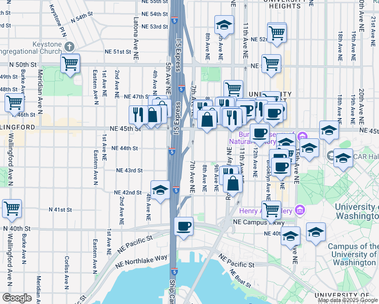 map of restaurants, bars, coffee shops, grocery stores, and more near 706 Northeast 43rd Street in Seattle