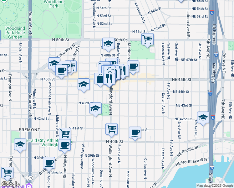 map of restaurants, bars, coffee shops, grocery stores, and more near 4311 Burke Avenue North in Seattle