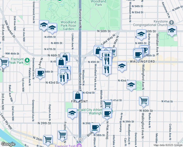 map of restaurants, bars, coffee shops, grocery stores, and more near 959 North 43rd Street in Seattle