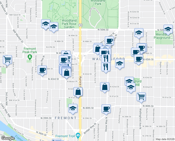 map of restaurants, bars, coffee shops, grocery stores, and more near 959 North 43rd Street in Seattle