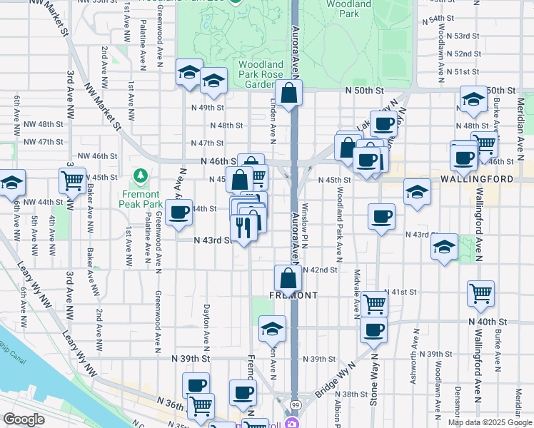 map of restaurants, bars, coffee shops, grocery stores, and more near in Seattle