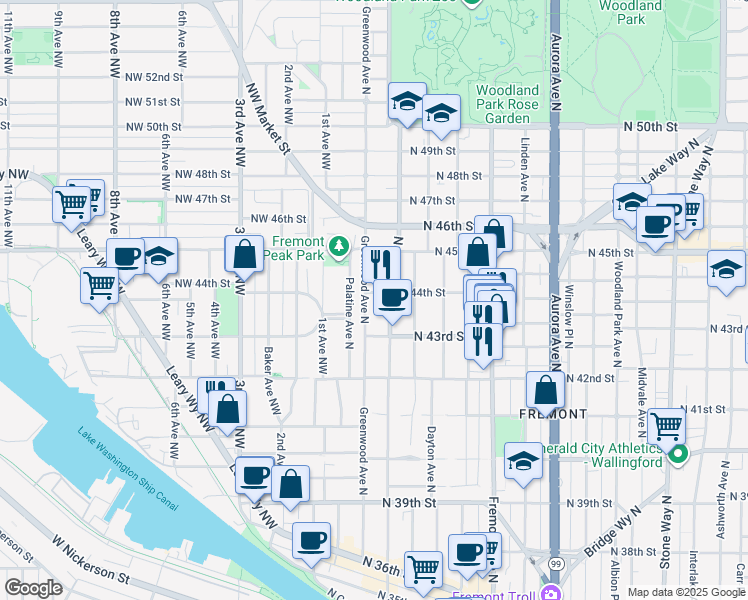 map of restaurants, bars, coffee shops, grocery stores, and more near 4318 Greenwood Avenue North in Seattle