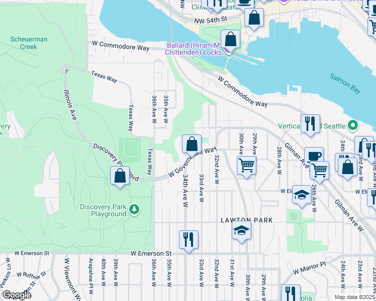 map of restaurants, bars, coffee shops, grocery stores, and more near 3309 West Government Way in Seattle