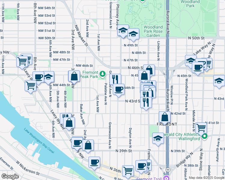 map of restaurants, bars, coffee shops, grocery stores, and more near 303 North 44th Street in Seattle
