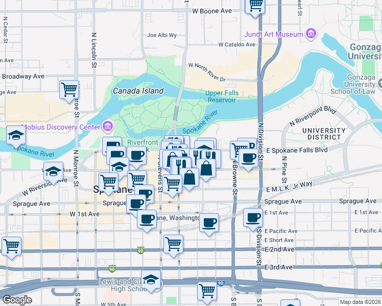 map of restaurants, bars, coffee shops, grocery stores, and more near 333 West Spokane Falls Boulevard in Spokane