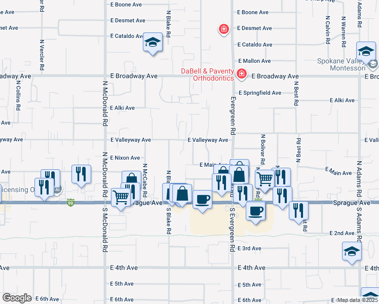 map of restaurants, bars, coffee shops, grocery stores, and more near 309 North Mayhew Road in Spokane Valley