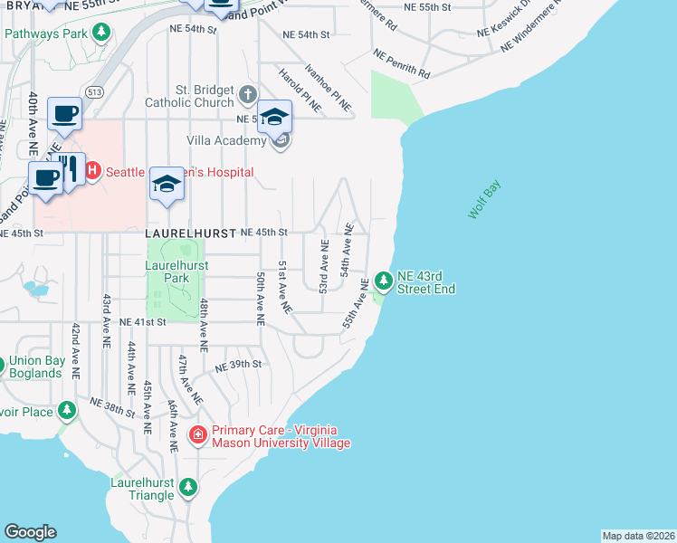 map of restaurants, bars, coffee shops, grocery stores, and more near 4300 53rd Avenue Northeast in Seattle