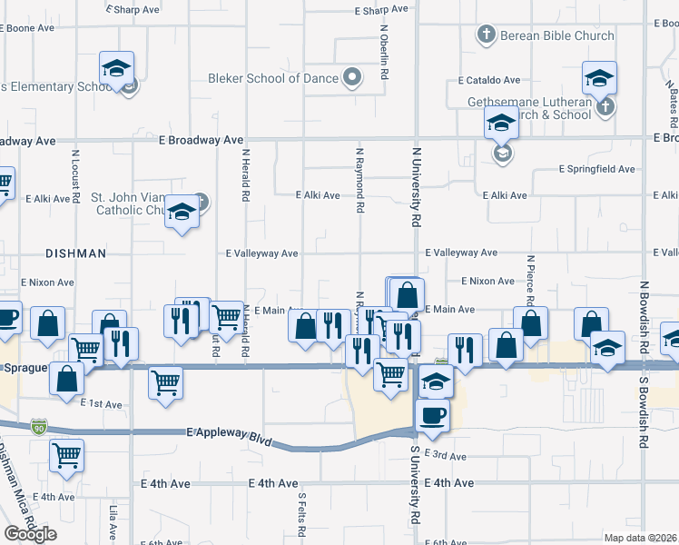 map of restaurants, bars, coffee shops, grocery stores, and more near 10405 East Main Avenue in Spokane Valley