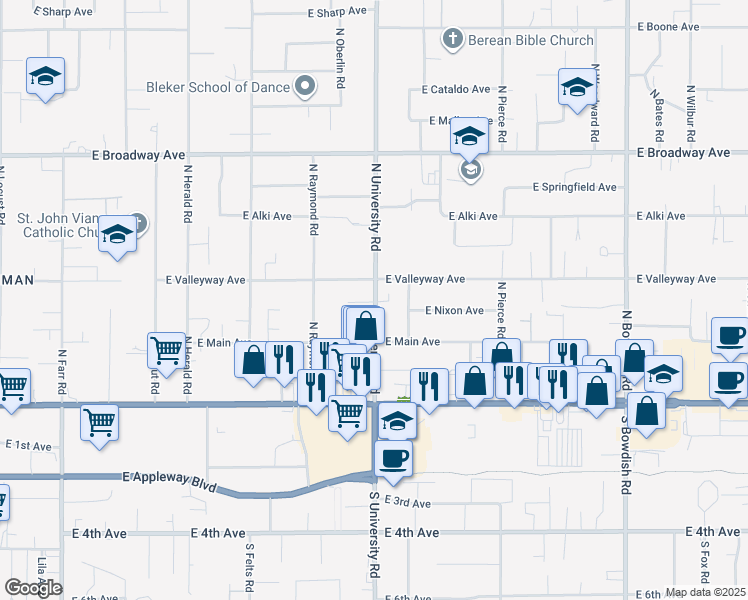 map of restaurants, bars, coffee shops, grocery stores, and more near 210 North University Road in Spokane Valley
