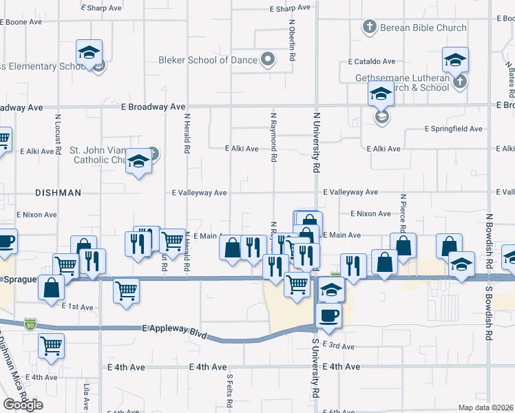 map of restaurants, bars, coffee shops, grocery stores, and more near 10405 East Main Avenue in Spokane Valley