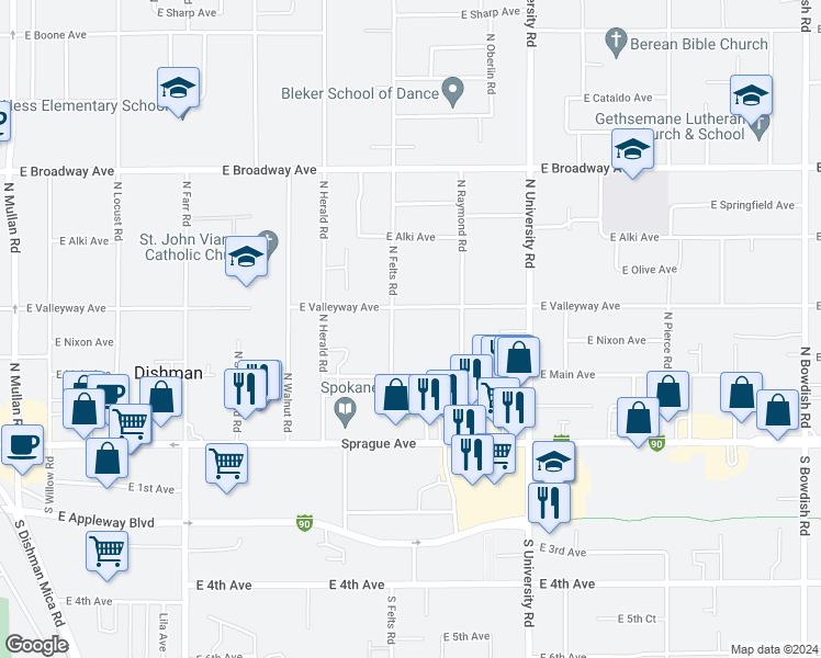 map of restaurants, bars, coffee shops, grocery stores, and more near 10405 East Main Avenue in Spokane Valley