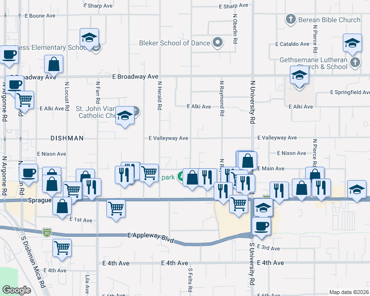 map of restaurants, bars, coffee shops, grocery stores, and more near 223 North Felts Road in Spokane Valley