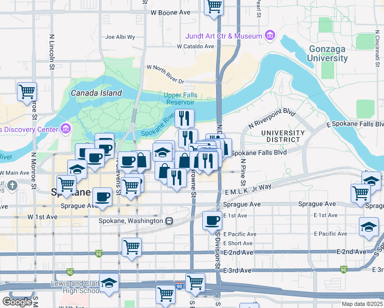map of restaurants, bars, coffee shops, grocery stores, and more near 220 West Main Avenue in Spokane