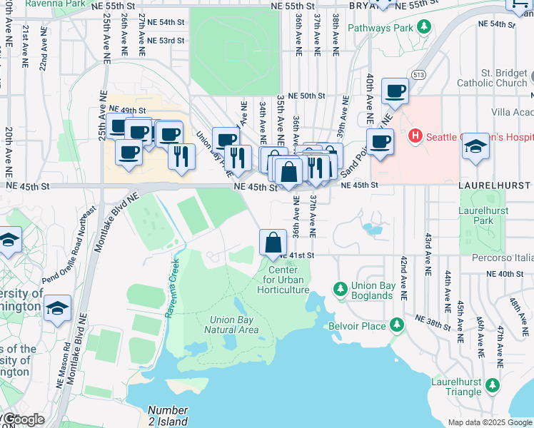 map of restaurants, bars, coffee shops, grocery stores, and more near 3502 Northeast 42nd Street in Seattle