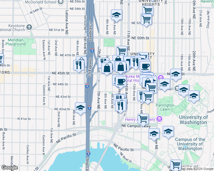 map of restaurants, bars, coffee shops, grocery stores, and more near 817 Northeast 43rd Street in Seattle