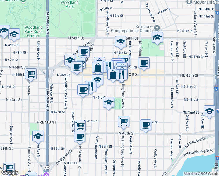 map of restaurants, bars, coffee shops, grocery stores, and more near 4310 Woodlawn Avenue North in Seattle