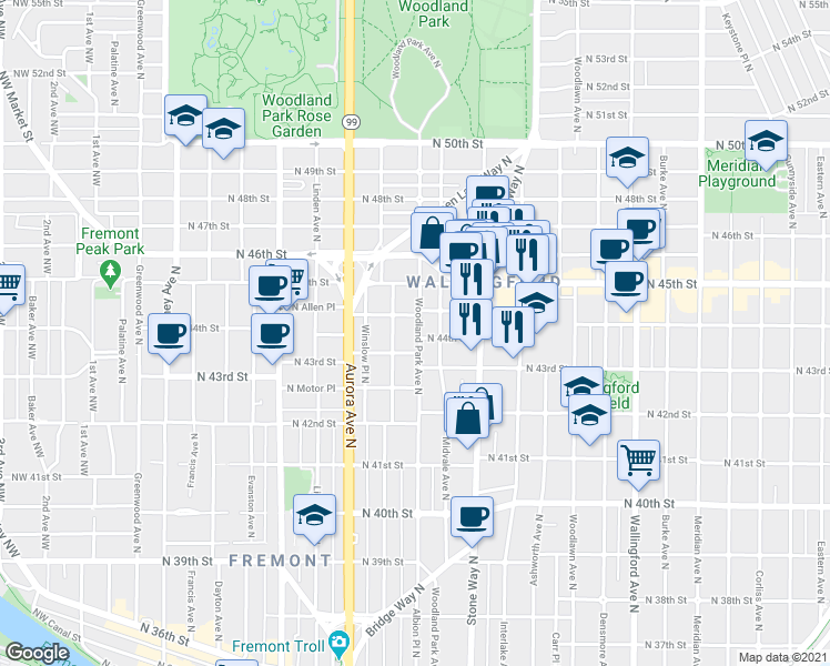 map of restaurants, bars, coffee shops, grocery stores, and more near 4300 Woodland Park Avenue North in Seattle