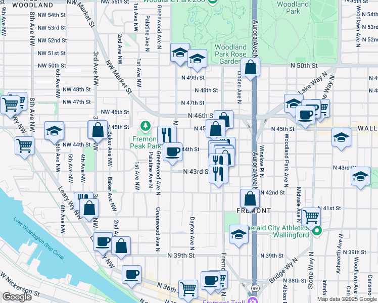 map of restaurants, bars, coffee shops, grocery stores, and more near 4317 Francis Avenue North in Seattle