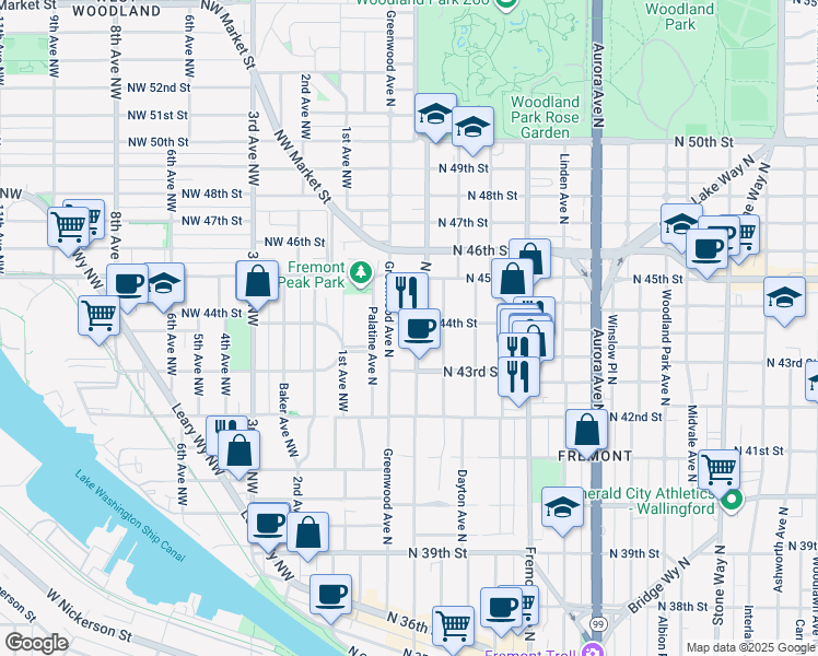 map of restaurants, bars, coffee shops, grocery stores, and more near 4318 Greenwood Avenue North in Seattle