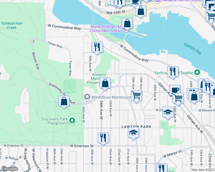 map of restaurants, bars, coffee shops, grocery stores, and more near 3309 West Government Way in Seattle