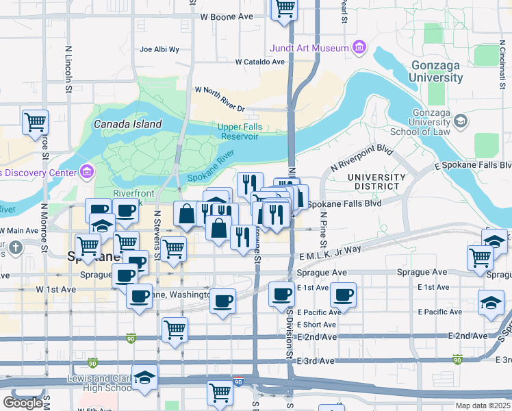map of restaurants, bars, coffee shops, grocery stores, and more near 223 West Spokane Falls Boulevard in Spokane